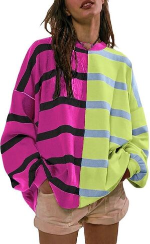 D-Sun Women's Striped Pullover Sweaters Oversized Color Block Long Sleeve Sweater Casual Knit Tops in Saudi Arabia