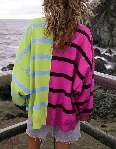 D-Sun Women's Striped Pullover Sweaters Oversized Color Block Long Sleeve Sweater Casual Knit Tops in Saudi Arabia