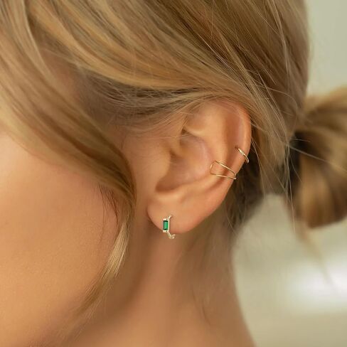 BriLove 925 Sterling Silver Small Dainty Birthstone Hoop Earrings for Women, Gorgeous Emerald Cut Crystal Huggie Hoop Dangle Earring for Birthday Everyday Wear in Saudi Arabia