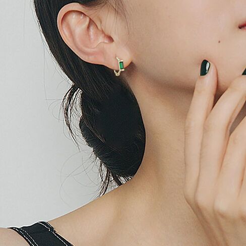 BriLove 925 Sterling Silver Small Dainty Birthstone Hoop Earrings for Women, Gorgeous Emerald Cut Crystal Huggie Hoop Dangle Earring for Birthday Everyday Wear in Saudi Arabia