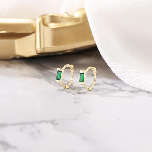 BriLove 925 Sterling Silver Small Dainty Birthstone Hoop Earrings for Women, Gorgeous Emerald Cut Crystal Huggie Hoop Dangle Earring for Birthday Everyday Wear in Saudi Arabia