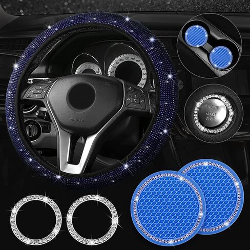 Blue Bling Accessories for Car, Bling Steering Wheel Cover for Women Girls Universal Fit 14.2-15.3 Inch, Bling Car Accessories with 2 Pack Car Coasters for Cup Holders and Push to Start Accessories in Saudi Arabia
