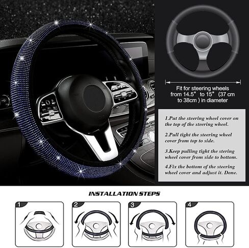 Blue Bling Accessories for Car, Bling Steering Wheel Cover for Women Girls Universal Fit 14.2-15.3 Inch, Bling Car Accessories with 2 Pack Car Coasters for Cup Holders and Push to Start Accessories in Saudi Arabia