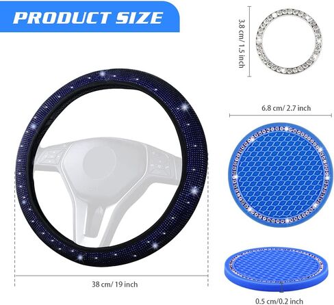 Blue Bling Accessories for Car, Bling Steering Wheel Cover for Women Girls Universal Fit 14.2-15.3 Inch, Bling Car Accessories with 2 Pack Car Coasters for Cup Holders and Push to Start Accessories in Saudi Arabia