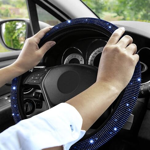Blue Bling Accessories for Car, Bling Steering Wheel Cover for Women Girls Universal Fit 14.2-15.3 Inch, Bling Car Accessories with 2 Pack Car Coasters for Cup Holders and Push to Start Accessories in Saudi Arabia