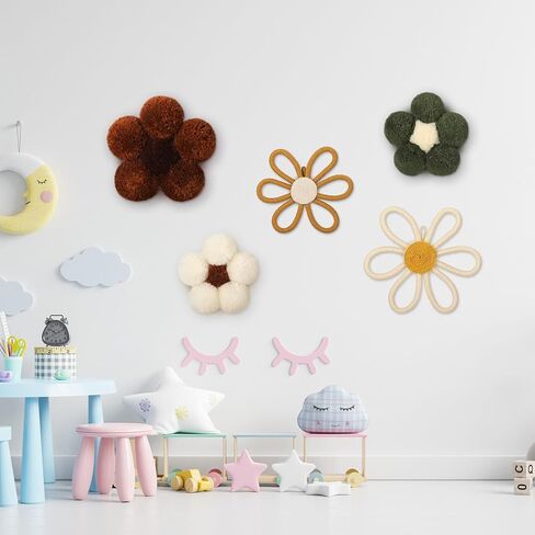 Solsew 5 قطع بوهو ديكور جدار الحضانة المنسوجة زهرة الأقحوان مكرامية بوم بوم الجدار شنقا 3 أحجام زهرة الحضانة ديكور البوهيمي المنزل غرفة نوم غرفة جدار الفن للطفل الفتيات الفتيان الأطفال in Kuwait