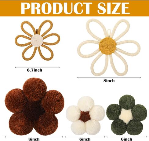 Solsew 5 قطع بوهو ديكور جدار الحضانة المنسوجة زهرة الأقحوان مكرامية بوم بوم الجدار شنقا 3 أحجام زهرة الحضانة ديكور البوهيمي المنزل غرفة نوم غرفة جدار الفن للطفل الفتيات الفتيان الأطفال in Kuwait