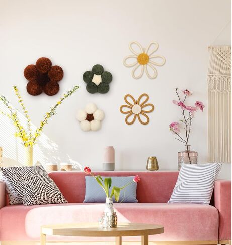 Solsew 5 قطع بوهو ديكور جدار الحضانة المنسوجة زهرة الأقحوان مكرامية بوم بوم الجدار شنقا 3 أحجام زهرة الحضانة ديكور البوهيمي المنزل غرفة نوم غرفة جدار الفن للطفل الفتيات الفتيان الأطفال in Kuwait