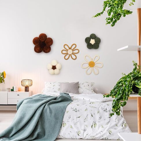 Solsew 5 قطع بوهو ديكور جدار الحضانة المنسوجة زهرة الأقحوان مكرامية بوم بوم الجدار شنقا 3 أحجام زهرة الحضانة ديكور البوهيمي المنزل غرفة نوم غرفة جدار الفن للطفل الفتيات الفتيان الأطفال in Kuwait