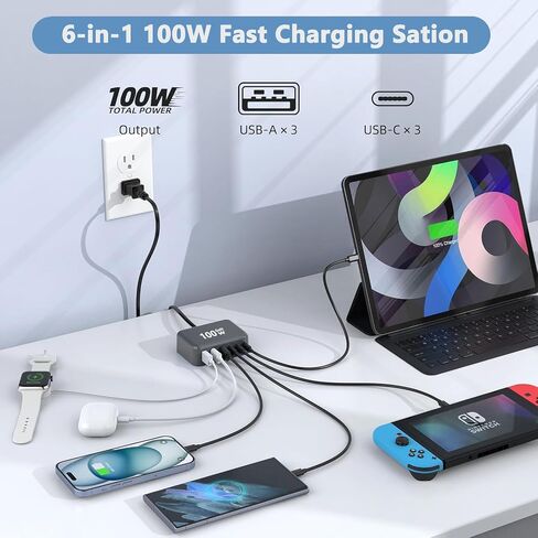 USB C شاحن سريع 100 واط جان 6 منفذ نوع USB C محطة شحن محور كتلة USB C الجدار شاحن قطاع الطاقة محول التوصيل مكعب الطوب 3 USB C 3 USB A لباد iPhone 15 14 13 12 11 Pro Max Pixel Galaxy S24 in Kuwait