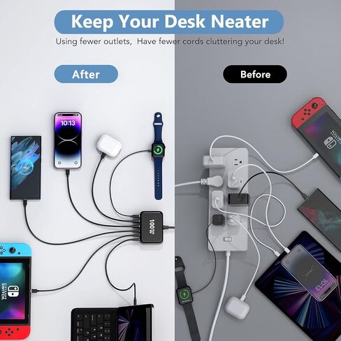 USB C شاحن سريع 100 واط جان 6 منفذ نوع USB C محطة شحن محور كتلة USB C الجدار شاحن قطاع الطاقة محول التوصيل مكعب الطوب 3 USB C 3 USB A لباد iPhone 15 14 13 12 11 Pro Max Pixel Galaxy S24 in Kuwait