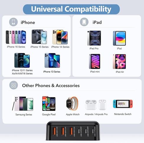 USB C شاحن سريع 100 واط جان 6 منفذ نوع USB C محطة شحن محور كتلة USB C الجدار شاحن قطاع الطاقة محول التوصيل مكعب الطوب 3 USB C 3 USB A لباد iPhone 15 14 13 12 11 Pro Max Pixel Galaxy S24 in Kuwait