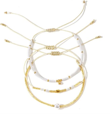 Gold Seed Beaded Stack Friendship Bracelets Set for Women, 3pcs Dainty Pearl Beads Adjustable Stackable Charm Bracelet Fashion Jewelry Gift in Saudi Arabia