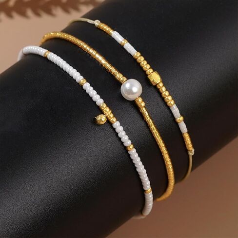Gold Seed Beaded Stack Friendship Bracelets Set for Women, 3pcs Dainty Pearl Beads Adjustable Stackable Charm Bracelet Fashion Jewelry Gift in Saudi Arabia
