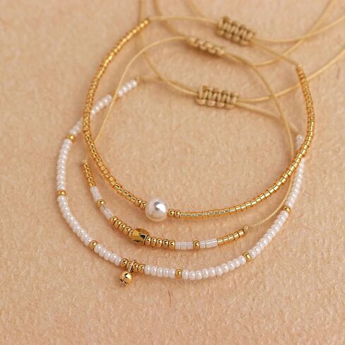 Gold Seed Beaded Stack Friendship Bracelets Set for Women, 3pcs Dainty Pearl Beads Adjustable Stackable Charm Bracelet Fashion Jewelry Gift in Saudi Arabia