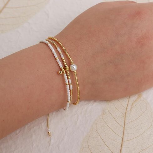 Gold Seed Beaded Stack Friendship Bracelets Set for Women, 3pcs Dainty Pearl Beads Adjustable Stackable Charm Bracelet Fashion Jewelry Gift in Saudi Arabia