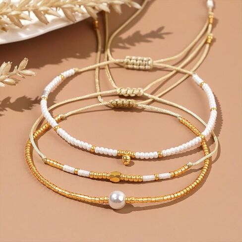 Gold Seed Beaded Stack Friendship Bracelets Set for Women, 3pcs Dainty Pearl Beads Adjustable Stackable Charm Bracelet Fashion Jewelry Gift in Saudi Arabia