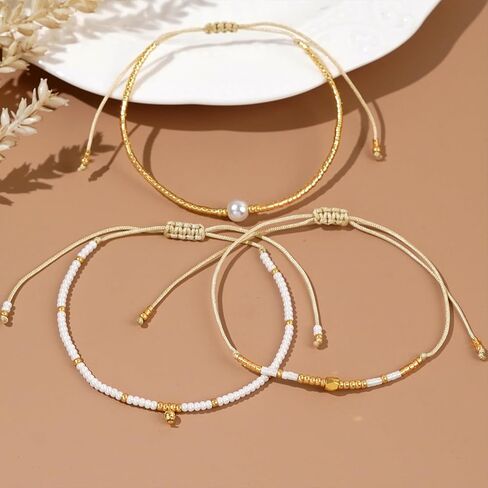 Gold Seed Beaded Stack Friendship Bracelets Set for Women, 3pcs Dainty Pearl Beads Adjustable Stackable Charm Bracelet Fashion Jewelry Gift in Saudi Arabia