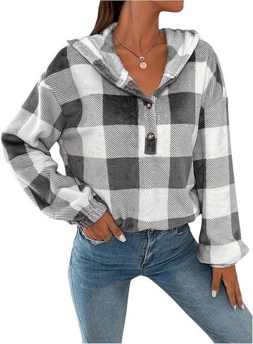 MakeMeChic Women's Plaid Hooded Sweatshirt Lantern Sleeve Drop Shoulder Sweatshirt Pullovers in Saudi Arabia