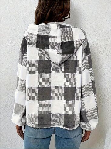 MakeMeChic Women's Plaid Hooded Sweatshirt Lantern Sleeve Drop Shoulder Sweatshirt Pullovers in Saudi Arabia