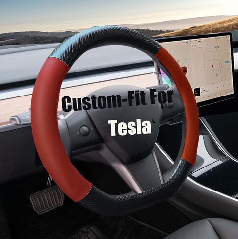 Steering Wheel Cover for Tesla Model Y and Model 3 Small Size 14 Inch D Shaped, Microfiber Leather Patched Carbon Fiber Soft Touch Anti Slip & Odor Free,Red in Saudi Arabia