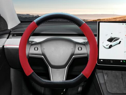 Steering Wheel Cover for Tesla Model Y and Model 3 Small Size 14 Inch D Shaped, Microfiber Leather Patched Carbon Fiber Soft Touch Anti Slip & Odor Free,Red in Saudi Arabia