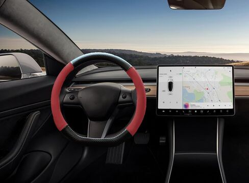 Steering Wheel Cover for Tesla Model Y and Model 3 Small Size 14 Inch D Shaped, Microfiber Leather Patched Carbon Fiber Soft Touch Anti Slip & Odor Free,Red in Saudi Arabia