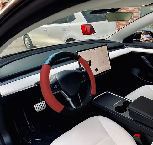 Steering Wheel Cover for Tesla Model Y and Model 3 Small Size 14 Inch D Shaped, Microfiber Leather Patched Carbon Fiber Soft Touch Anti Slip & Odor Free,Red in Saudi Arabia