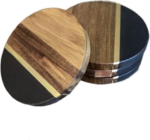 Black Slate & Acacia Wood Coasters with Brass Inlay, Set of 4 in Saudi Arabia