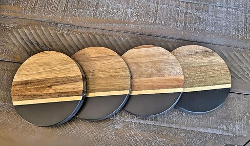 Black Slate & Acacia Wood Coasters with Brass Inlay, Set of 4 in Saudi Arabia