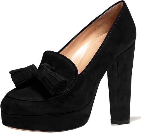 SHODENSE Women Vintage Chunky Platform Loafers Pumps Tassel Round Closed Toe Slip On Suede Block High Heel Dress Loafer Shoes Buckle Strap Oxford Loafers Fringe Pump Dressy Chic Sexy Y2k 4-11 M US in Kuwait