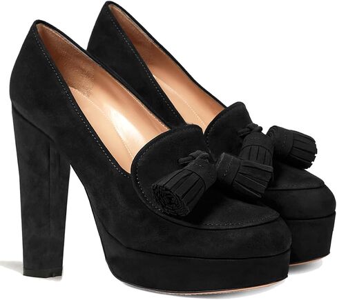 SHODENSE Women Vintage Chunky Platform Loafers Pumps Tassel Round Closed Toe Slip On Suede Block High Heel Dress Loafer Shoes Buckle Strap Oxford Loafers Fringe Pump Dressy Chic Sexy Y2k 4-11 M US in Kuwait