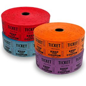 Raffle Tickets - 4 Rolls of 2000 Double Tickets 8, 000 Total 50/Raffle Tickets Dark Assorted Colors Red, Blue, Purple, Orange