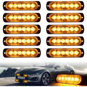 10pcs LED Emergency Strobe Light, 6-LED Ultra Slim Surface Mount Flashing Warning Beacon Hazard Construction Caution Grille Light Bar for Truck Car Off Road Vehicles SUV ATV (Amber)