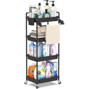 SPACEKEEPER Rolling Storage Cart, 5 Tier Bathroom Storage Organizer Laundry Room Organizer Multi-Functional Mobile Shelving Unit with Towel Rack, Lockable Wheel, Hooks & Cup for Kitchen Bedroom,Black