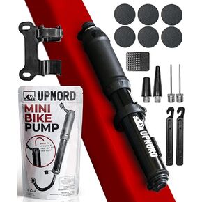 UpNord Portable Mini Bike Pump - Compatible with Presta & Schrader Valves - High Pressure PSI - Road, Mountain Bicycle Tire Air Pump - Compact & Fast Use - Includes Bike Frame Mount & Tire Repair Kit