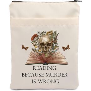 Skull Book Sleeve Reading Because Murder is Wrong Gifts for Mystery Book Lovers Bookish Gift Book Cover Book Protector Pouch (Reading Because MUR is Wrong Black)