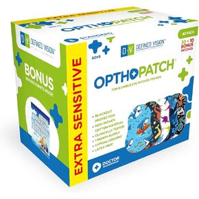 OPTHOPATCH Kids Eye Patches - Fun Boys Design - 30 + 10 Bonus Latex Free Hypoallergenic Cotton Extra Sensitive Adhesive Bandages for Amblyopia & Cross Eye-3 Reward Chart Posters by Defined Vision