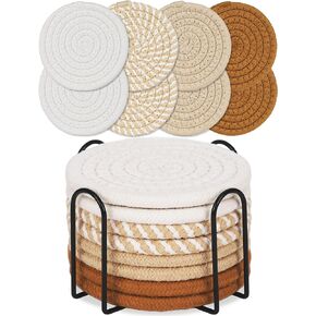 8 Pcs Drink Coasters with Holder, Boho Coasters for Drinks Absorbent, Minimalist Cotton Woven Coasters Set for Coffee Table Home Decor Bar Tabletop Protection, Suitable for Kinds of Cups 4.3 Inch