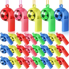 24 Pcs Plastic Whistles with Lanyard Soccer Pattern Training Sports Whistle Kids Whistle for Referee School Camping Soccer Party Favors, 5 Colors