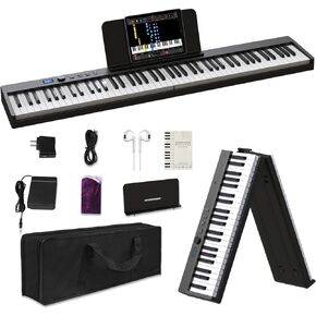 Folding Piano Keyboard 88 Key, Semi-Weighted Portable Piano Keyboard Support Bluetooth & USB MIDI, Foldable Travel Keyboard Piano with Dust Cloth & Headphones for Beginner and Adults (Black)