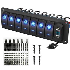 RVBOATPAT 7 Gang Rocker Switch Panel Marine Boat Toggle Switch Panel Waterproof with USB Charger Voltmeter 12V 24V DC for Automotive Vertical UTV Truck