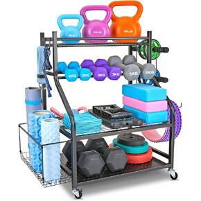 NBTORCH Dumbbell Rack, Yoga Mat Storage Rack - Weight Rack for Dumbbells, Home Gym Storage Rack for Yoga Mat, Dumbbells and Kettlebells, All in One Workout Equipment Storage with Caster Wheels