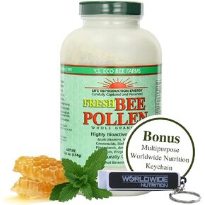 Worldwide Nutrition Bundle, 2 Items: Y.S. Eco Bee Farms 100% Pure, Wild Crafted Bee Pollen Granules - Organic Bee Pollen Vitamin Supplements - Amino Acids, Organic Protein - Gluten - 16 oz w Keychain