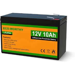 ECO-WORTHY 12V 10Ah Lithium LiFePO4 Deep Cycle Battery with 3000+ Cycles, Built-in BMS, Perfect for Kids Scooters, Fishfinder, Lighting, Power Wheels, Lawn Mower, Cyberpower UPS