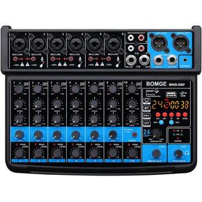BOMGE 8 channel mini audio mixer Line Mixer ，DC 5V，with MP3 Player,Bluetooth, U disk 48V,24DSP effects, USB recording Ideal for Small Clubs or Bars, Studio Recording (8 channels-BLACK)