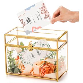 Okllen Glass Wedding Card Box with Lock and Slot, Gold Rim Envelop Box Gift Holder, Vintage Clear Card Box for Wedding Reception, Baby Shower, Birthday, Graduation (Glass Box and Lock Only) in Kuwait