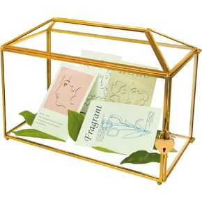 Gold Wedding Glass Card Box – 12.6 inch Large Wedding Card Holder Handmade Gold Glass Terrarium with Slot and Heart Lock