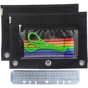 Enyuwlcm 3 Ring Binder Pencil Pouch with Durable Zipper Binder Pencil Case with Clear Window 2 Pocket Black Canvas 2 Pack