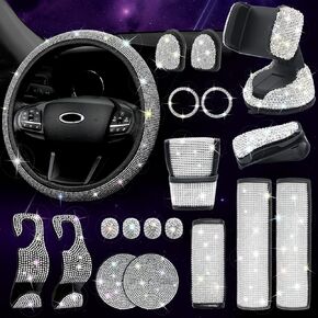 ARTILAURA 19 Pack Black Bling Car Accessories Set for Women, Steering Wheel Cover Universal Fit 15 Inch, Bling Seat Belt Covers, Rhinestone Gear Shift Cover, Bling Phone Holder (Black)